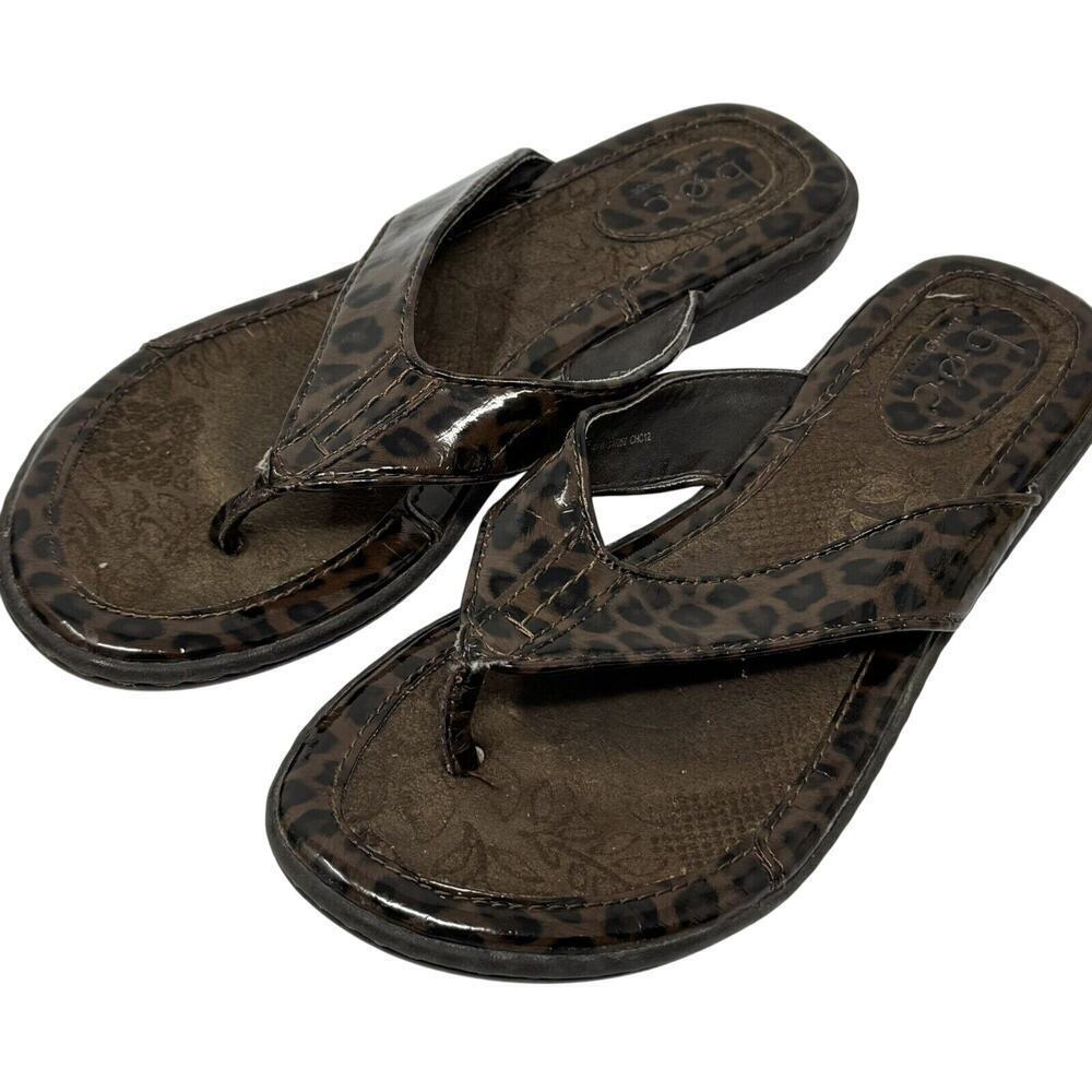 BOC Brown Leopard Print Flip Flop Sandals Women’s Sz 7 Faux Patent Leather